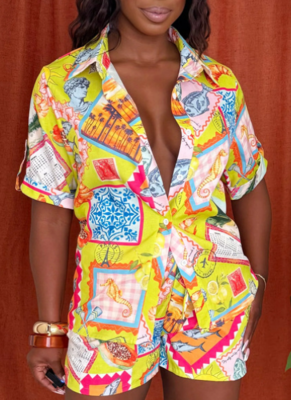 Fashion Casual Printed Short-Sleeved Shirt And Beach Shorts Two-Piece Set