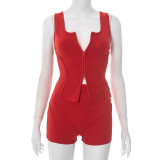 Sexy Sports Sleeveless Zipper Vest Top Tight Shorts Two-Piece Set