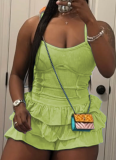 New Style Washed Suspender Top Ruffled Pants Skirt Women'S Two-Piece Suit
