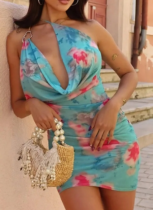 Sexy Off-shoulder Mesh Backless Dress With Slim Fit and Hip Print