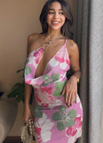 Sexy Off-shoulder Mesh Backless Dress With Slim Fit and Hip Print