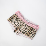 Sexy Leopard Print Stitching Lace Bow Suspender Top Contrast Color Shorts Two-piece Set