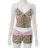 Sexy Leopard Print Stitching Lace Bow Suspender Top Contrast Color Shorts Two-piece Set
