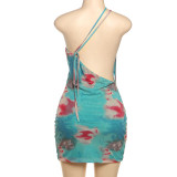 Sexy Off-shoulder Mesh Backless Dress With Slim Fit and Hip Print