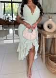 Sexy Deep V Neck Solid Color Irregular Lace-Up Dress For Women