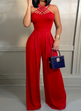 Red Fashion New Sexy Multi-Strap Cross Wide-Leg Jumpsuit For Women