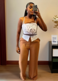Sexy Striped Three-dimensional Flower Tube Top Camisole Straight Trousers Two-piece Set