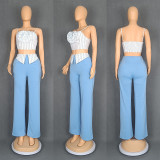 Sexy Striped Three-dimensional Flower Tube Top Camisole Straight Trousers Two-piece Set
