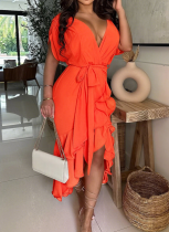 Sexy Deep V Neck Solid Color Irregular Lace-Up Dress For Women