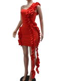 Women'S Red One Shoulder Ruffled Banquet Party Dress