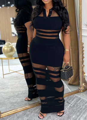 Sexy Mesh Splicing Lapel Slim Fit Hip Waist Dress
