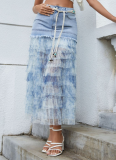 Personalized Street Mesh Floral Splicing Denim Cake Skirt