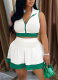 Fashionable Patchwork Color Sleeveless Zipper Top With Short Skirt Set
