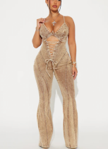 Fashion Hollow Tie Waist Denim Jumpsuit