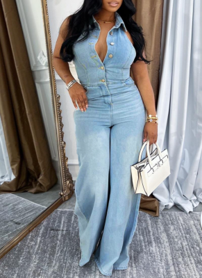 Sexy Halterneck Backless Long Denim Jumpsuit