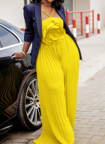 Sexy Halter Neck Large Flower Solid Color Pleated Jumpsuit