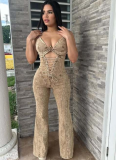 Fashion Hollow Tie Waist Denim Jumpsuit