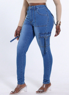 Casual Elastic Lace-up Flap Pocket Slim Fit Hip-lifting Women's Denim Trousers