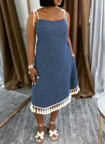 2025 New Simple Hem Tassel Suspender Denim Dress