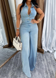 Sexy Halterneck Backless Long Denim Jumpsuit