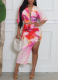 Sexy Printed V-Neck Side Slit Skirt Suit