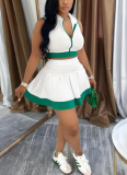 Fashionable Patchwork Color Sleeveless Zipper Top With Short Skirt Set