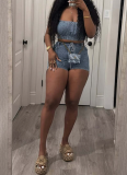 Sexy Tube Top Casual Slim Fit Stretch Denim Two Piece Set