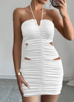 Sexy Pleated Sleeveless Halter Neck Slim Fit Hollow Hip Dress