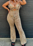 Fashion Hollow Tie Waist Denim Jumpsuit