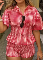 Summer New Sweet Red And White Plaid Short-Sleeved Shirt Shorts Two-Piece Suit For Women