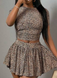 Leopard Print Round Neck Short Sleeve Top Sexy Waist-Length Miniskirt Two-Piece Set