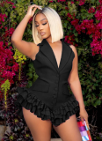 Solid Color Lapel Button Sleeveless Triangle Ruffle Hem Short Jumpsuit