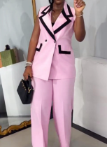 Women'S Casual Contrast Color Lapel Vest Wide Leg Trousers Two Piece Suit