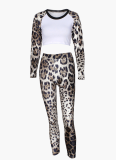 Leopard Print Patchwork Slim Fit Sexy Hot Girl Navel-Baring Long-Sleeved Top And Trousers Two-Piece Set