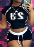 New Contrast Color Digital Print Navel-Baring Short-Sleeved Top And Shorts Two-Piece Set