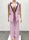 Women'S Casual Contrast Color Lapel Vest Wide Leg Trousers Two Piece Suit