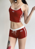 Striped Stitching Exposed Navel Small Sling High Waist Drawstring Elastic Shorts Suit