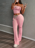 Ins Fashion Embroidered Flower Tube Top High Waist Casual Drawstring Pant Two-Piece Set