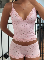Lace Floral V-neck Sling + High Waist Slim Shorts Casual Home Suit