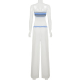 Casual Striped Stitching Contrast Color Suspenders High Waist Drawstring Loose Straight Trousers Suit