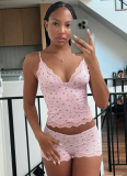 Lace Floral V-neck Sling + High Waist Slim Shorts Casual Home Suit