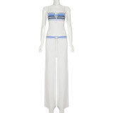 Casual Striped Stitching Contrast Color Suspenders High Waist Drawstring Loose Straight Trousers Suit