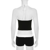 Striped Stitching Exposed Navel Small Sling High Waist Drawstring Elastic Shorts Suit