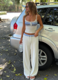 Casual Striped Stitching Contrast Color Suspenders High Waist Drawstring Loose Straight Trousers Suit