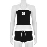 Striped Stitching Exposed Navel Small Sling High Waist Drawstring Elastic Shorts Suit