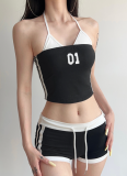 Striped Stitching Exposed Navel Small Sling High Waist Drawstring Elastic Shorts Suit
