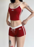 Striped Stitching Exposed Navel Small Sling High Waist Drawstring Elastic Shorts Suit