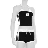 Striped Stitching Exposed Navel Small Sling High Waist Drawstring Elastic Shorts Suit