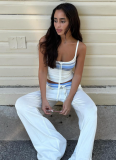 Casual Striped Stitching Contrast Color Suspenders High Waist Drawstring Loose Straight Trousers Suit