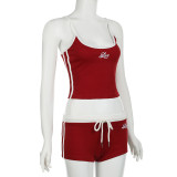 Striped Stitching Exposed Navel Small Sling High Waist Drawstring Elastic Shorts Suit